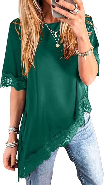 Allimy Womens Loose Fit Fashion Short Sleeve Crewneck Asymmetric Split Eyelash Lace Trim Satin Blouses Tops Casual Shirts