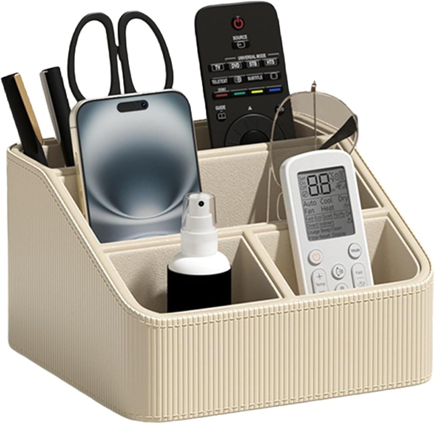 Buqoo Coffee PU Leather Desk Organizer with Gold Accents - 4-Compartment Remote Holder & Stationery Caddy for Office/Nightstand (6.89in×6.69in×3.94in)