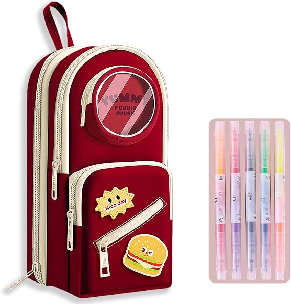 Mini Backpack Pencil Case Art Marker Storage Canvas Makeup Pocket Small Gadget Bag Organizer Random Free of Highlighters (RED -BURGER)