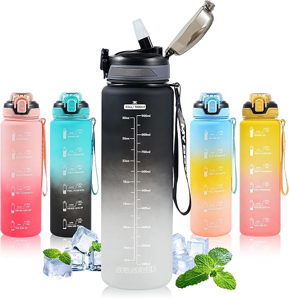 SEASEVEN Sports 1L Water Bottle with Straw for Gym,Office(Black-Grey) | Drinks Bottle,1 Litre Water Bottles with Time Markings,Girls Boys Waterbottle Leak-Proof & Bpa-Free for Outdoor