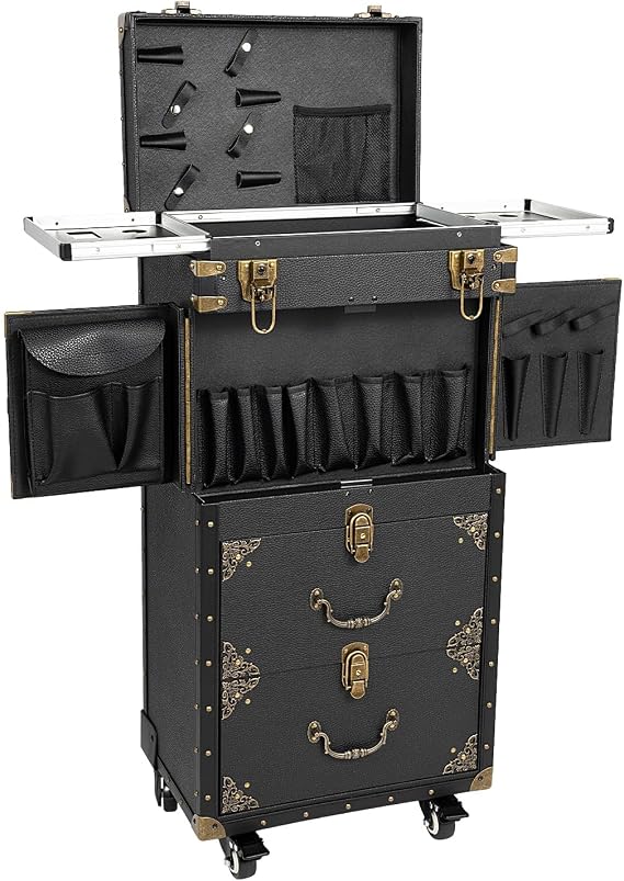 Makeup Case, Professional Folding Rolling Cosmetic Makeup Organizer Box With Drawer and Locks, Multifunctional Retro Pull Rod Cosmetology Display Makeup Rolling Train Case(Black Gold)