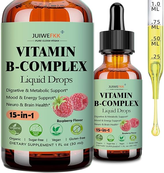 Vitamin B Complex Liquid Drops for Women Men & Kids, 15-in-1 VIT B Complex with Vitamin C B12 B6 B1 Niacin Folate Magnesium for Brain Nerve Neuropathy Energy Mood Health, Sublingual B-Complex Drops