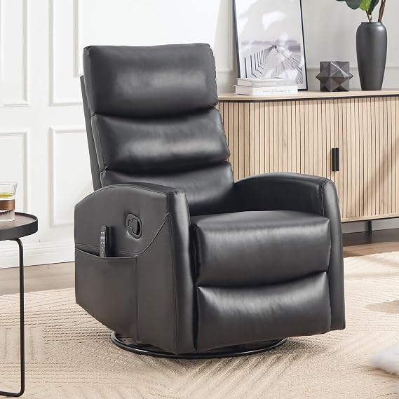Manual Recliner Chair with Vibration Massage, Swivel Rocker Recliner with Remote Control, Glider Rocking Chair with Lumbar Heat, Reclining Sofa Chairs with Side Pockets for Living Room, Black