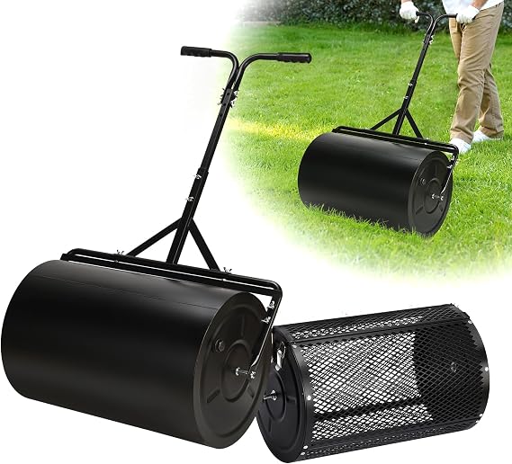 24 Inch Compost Spreader & Lawn Roller, Featuring One Mesh Roller and One 23 Gallon Hollow Roller, Push & Tow Design, Suitable for Lawn Maintenance and Peat Moss Spreader