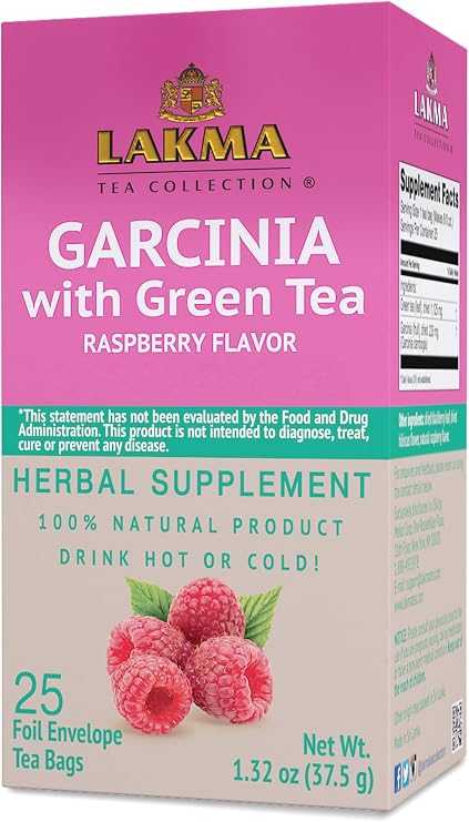 Hyleys Lakma Garcinia Cambogia Green Tea, Raspberry, 25 Herbal Tea Bags | Garcinia Cambogia Fruit Rind & Green Tea, 100% Natural Herbal Blend, Non-GMO & Gluten Free, Individually Wrapped Foil Bags