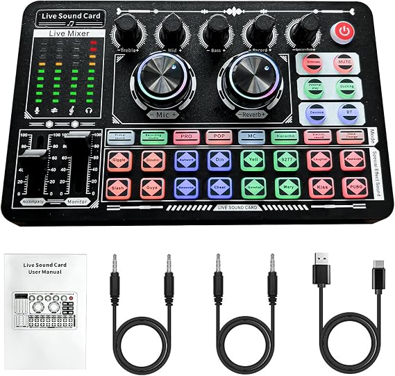 Podcast Sound Board - Music DJ Mixer Board, Sound Card F999 | Soundboard for PC Mac iPhone iPad Android, Beginner Friendly, 16 Sound Effect, Voice Changer, Bluetooth, Streaming Podcast
