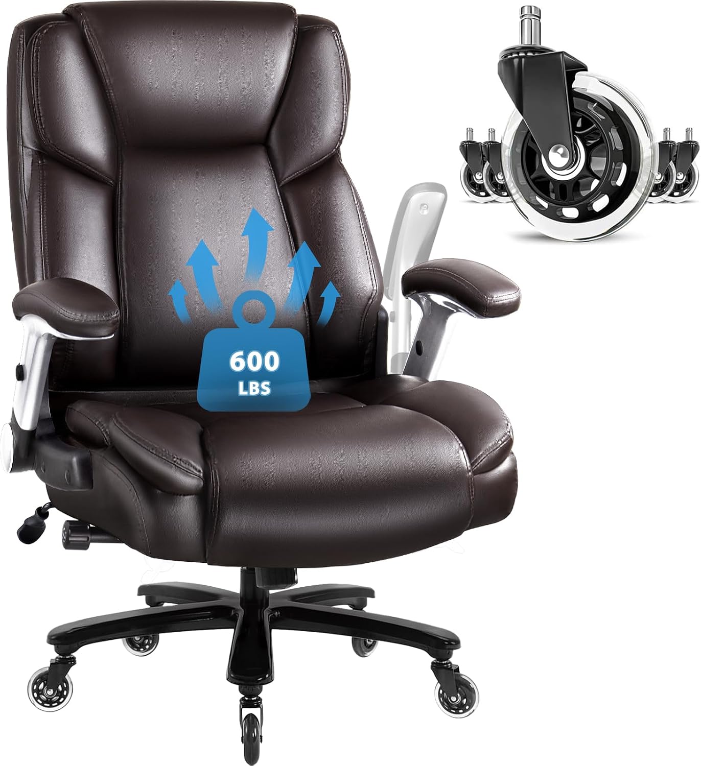VITESSE 600lbs Big and Tall Office Chair with Flip up Armrest, Large Heavy Duty with Ergonomic Lumbar Support, Executive Office Chair for Heavy People with Quiet Rubber WheelBrown