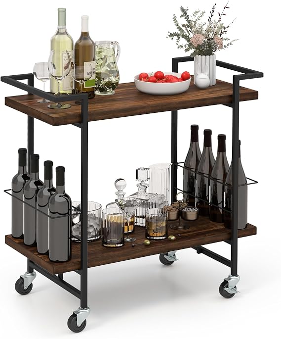 GOFLAME Bar Cart for Home, 2-Tier Kitchen Cart with Lockable Wheels and Anti-Fall Guardrail, Bar Serving Cart with Metal Frame, Rolling Beverage Storage Cart for Dining Room, Living Room
