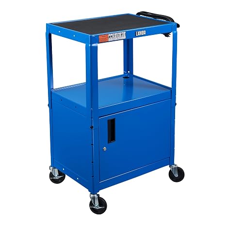 Luxor Steel AV Cart with Adjustable Height and Storage Cabinet, 610 Mm to 1067 Mm Height, 3 Outlet Electrical Assembly, Blue, 1 Count