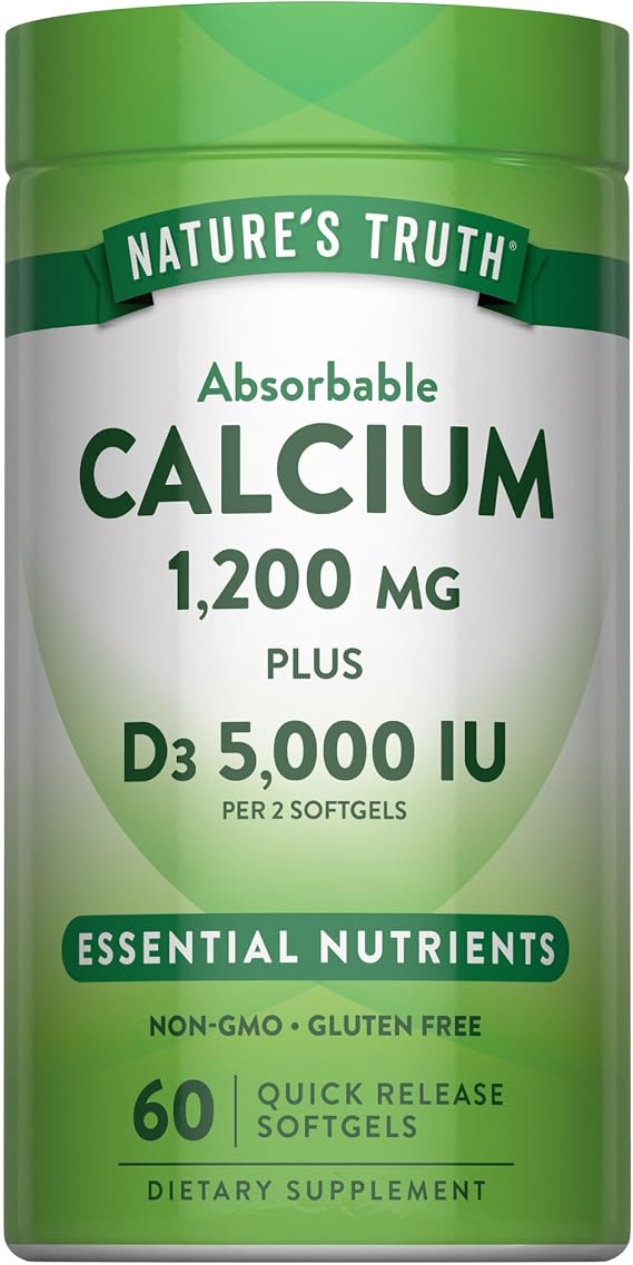 Nature's Truth Calcium 1200mg with Vitamin D3 5000 IU | 60 Softgels | from Calcium Carbonate | Non-GMO & Gluten Free Supplement
