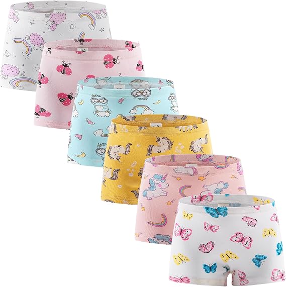 Girls Underwear Toddler Little Girl 100% Cotton Soft Panties Kids Cartoon/Solid Briefs Breathable Boyshorts 6 Packs