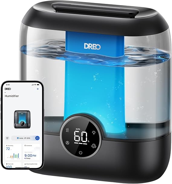 DREO Smart Humidifiers for Bedroom, 6L Top Fill Supersized Cool Mist Humidifier for Large Room, 60 Hour Runtime, Quiet Ultrasonic Humidifier for Plants, Indoor, Home, Night Light, Black