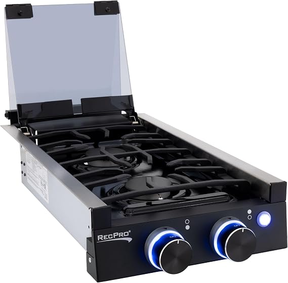 RecPro RV Black 2 Burner Cooktop Stove 6,500 & 8,000 BTU Burners