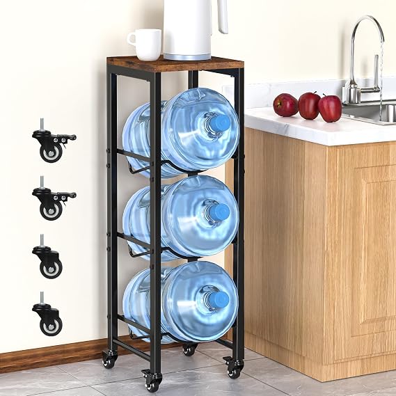 Mlinavn 5 Gallon Water Bottle Holder, 3-Tier Water Jug Rack,Water Jug Stand With Lockable Casters,Heavy Duty Water Storage Rack Water Dispenser Stand,Water Jug Holder For Kitchen,Office,Garage,Brown