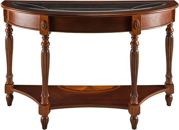 Solid Wood Console Table with Storage, Semi-Circle entryway Table with Tempered Glass,Carvings Side Elegant Vintage Sofa Table 47.7? x 30? x 18?, for Small Space,Blank Wall Brown Walnut SFZ1533GT