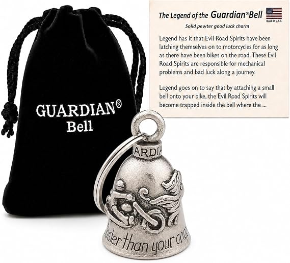 Guardian Bell Good Luck Bell w/Keyring & Black Velvet Gift Bag | Motorcycle Bell | Lead-Free Pewter | Made in USA