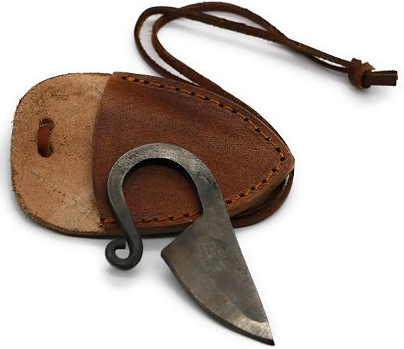 Hand Forged Viking-styled Knife (Leather Sheath) | Unique Gifts for Men and History Lovers | Damascus Steel Celtic Knife with Leather Necklace Cord | (Brown Leather Sheet)