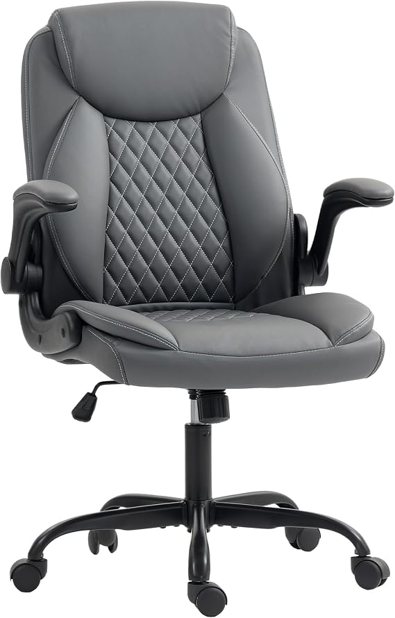 HOMCOM Executive Office Chair with Flip-Up Armrests for Home Charcoal Grey | PU Leather Computer Desk Chair, Thick Cushion, Tilt Function, Height Adjustable