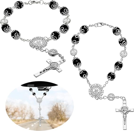 Frienda 2 Pcs Car Rosary for Rearview Mirror Hanging Cross,Black | Hanging Rosary for Car, Saint Benedict Car Cross, Catholic Medal Hanging Accessories, Truck Suv Auto Hanger Ornaments Decor