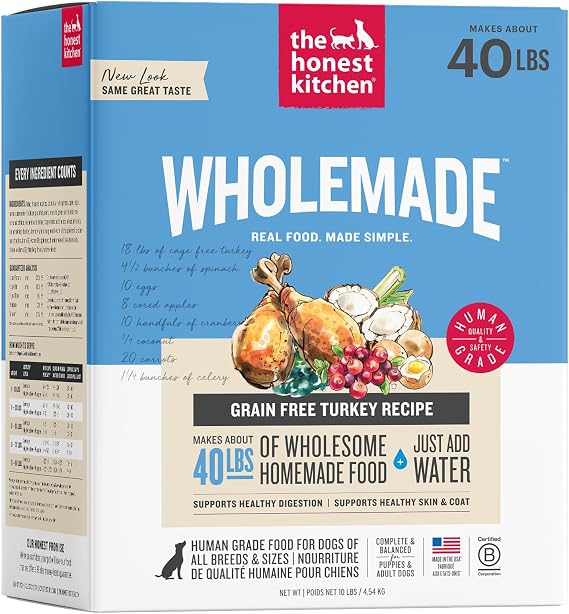 The Honest Kitchen Wholemade Grain Free Turkey Recipe, Human Grade Dehydrated Dog Food, Just Add Water, Supports Healthy Digestion, Skin & Coat, Topper for Dry or Wet Dog Food, 10 lb Box Makes 40 lbs