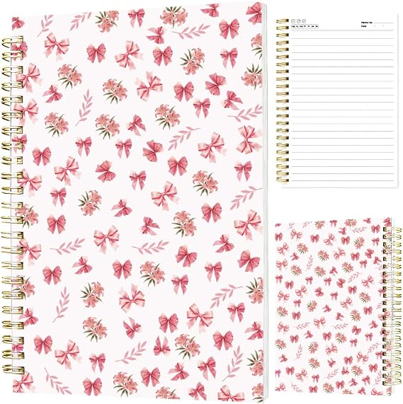 INFUNLY 1Pc Pink Bow Spiral Notebook 160 Pages 5.5"x8.3" Inch Thick No Bleed Paper Floral Spiral Journal Crush Resistant Coil Aesthetic Notebooks Stationery For Note Taking Office School Women Gift