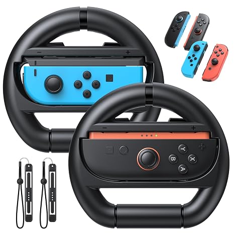 FASTSNAIL Switch Steering Wheels for Nintendo Switch 2/1/OLED for Joy-Con | Racing Wheels for Mario Kart World/8 Deluxe Games, Universal Gaming Wheels for Joycons 2/1 Controller, 2-Pack (Black,Black)