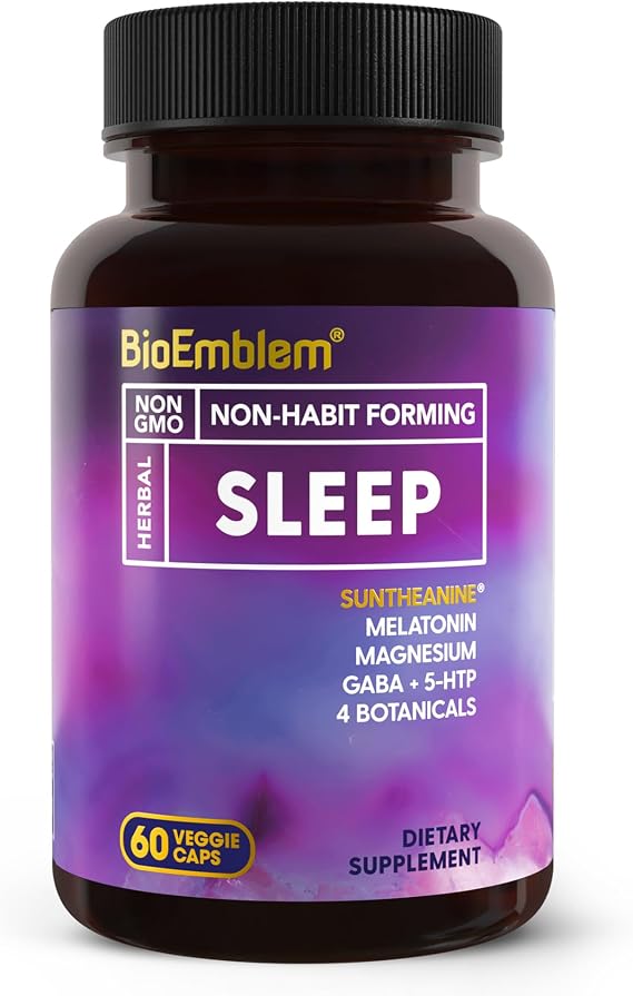 BioEmblem Herbal Sleep Supplement for Adults with Melatonin, 60 Capsules | With Valerian Root, Suntheanine and More - Natural Sleep Aid to Support Healthy Sleep and Restful Nights