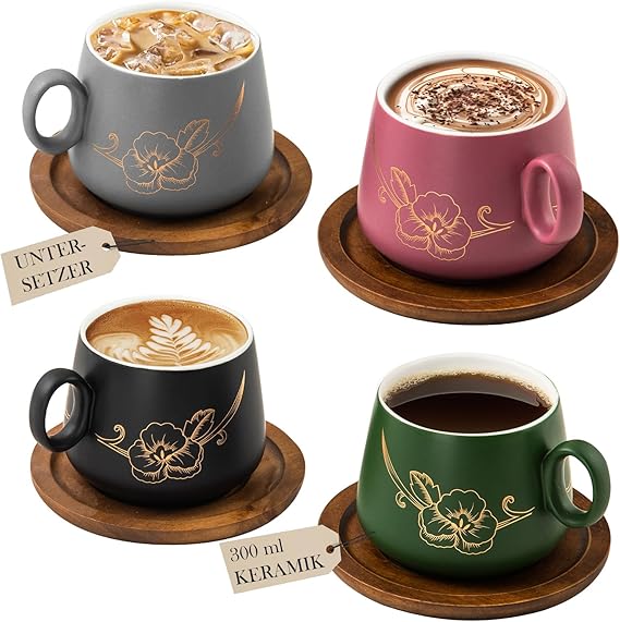 Yundu 10oz Cappuccino Cups & Wooden Saucers Set with Gold Floral Art, Latte Art Cup for Espresso, Coffee & Tea, Modern Matte Ceramic Tea Cup Set of 4
