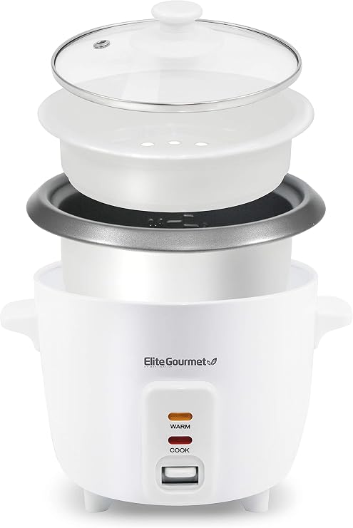 Elite Gourmet Rice Cooker & Steamer, Non-Stick Pot, White, 6 Cups Cooked