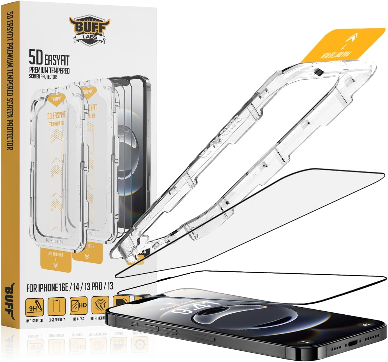5D EasyFit 2 Easy Application Apparatus Screen Protector Tempered Glass iPhone 16e Compatible with Buff iPhone 16 Series