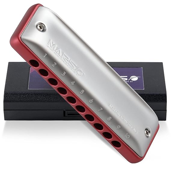 KONGSHENG Mars 10 Hole Red Diatonic Harmonica,Blues Harp,Mouth Oragn Key of F#,Gifts for Beginners,Adults and Professional