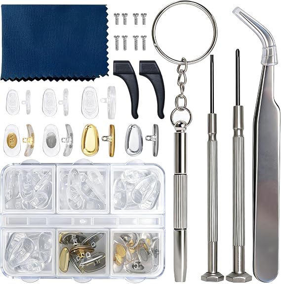 Eyeglass Nose Pads, 22 Pairs Screw-in Glasses Repair Kit, Equipped with Screwdriver, Screw, Tweezers, Glasses Cloth