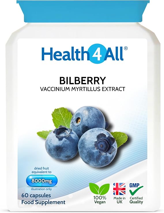 Bilberry Extract 8,000mg 60 Capsules, 2 Months Supply, Eye Health | Pure High Strength Bilberry Eye Supplement with Anthocyanidins, Easy to Swallow | Made in UK by Health4All