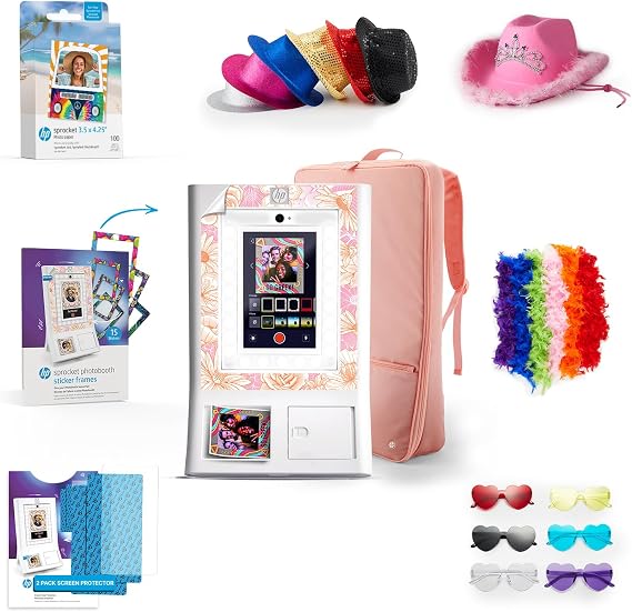 HP Sprocket Photo Booth Machine Instant Color Photo Printer (White) + Zink Paper (x100) + Case + Sticker Frames (x15) + Screen Protector (x2) + Fedoras (x6) + Glasses (6pc) + Boas (x6) + Cowboy Hat