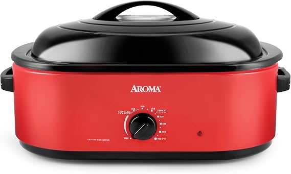 AROMA 18Qt. Roaster Oven with Self-Basting Lid, Fits 22-lb. Turkey, Adjustable Temperature Settings, Keep Warm Setting, Red (ART-718R)