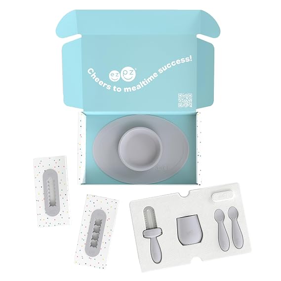 ezpz Kit 2: Learn to Eat and Drink Pewter - Start Solids + Baby-Led Weaning