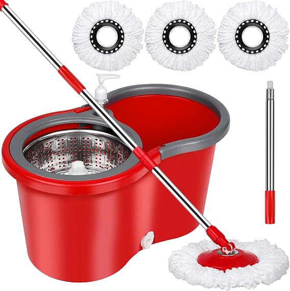Spin Mop and Bucket Set, 360 Spin Mop and Bucket with Wringer Set and 3 Microfiber Mop Refills, Stainless Steel 61" Extended Handle Spinning Mop Bucket System for Floor Cleaning