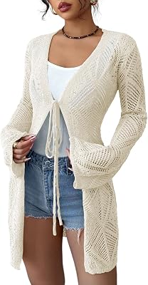 Elitechoice Womens Boho Crochet Sheer Mesh Beach Cover-Up Open Front Loose Knit Cardigan Sweaters Casual Tops