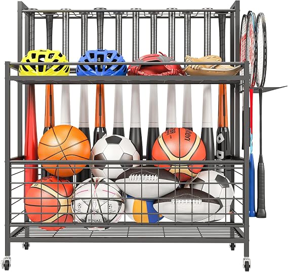 Sports Equipment Storage, Garage Sports Organizer, Baseball Bat Holder Holds 24 Bats Rolling Ball Cart with Wheels, Black