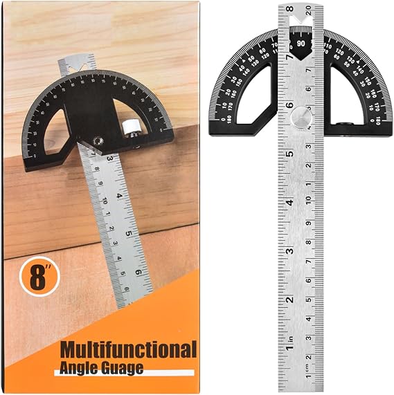Protractor Angle Ruler - Adjustable Stainless Steel Gauge With 0-180 Degrees Measuring for Home Improvement Carpentry Work (Black, 8-Inch, Alloy)