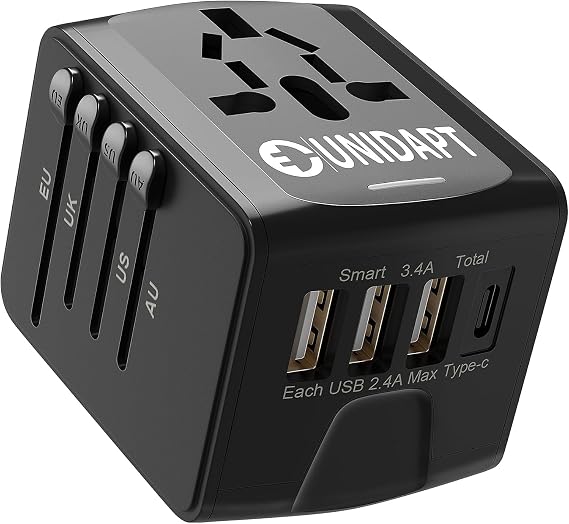 Unidapt International Travel Adapter, Universal Power Adapter Worldwide with 3 USB-A, 1 Type-C - Perfect for Travel to Europe US, EU, UK, AU Over 160 Countries (Black)