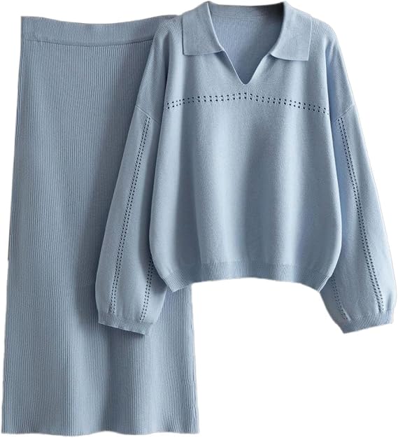 Women's 2 Piece Outfits Sweater Skirt Sets Fall Casual Long Sleeve Pullover Top Lounge Travel Midi Dress