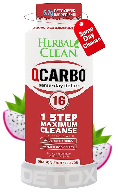 Herbal Clean Qcarbo16 Same-Day Detox Cleanse Drink (16 fl oz) - Dragon Fruit Flavor Full Body Cleanse* Detox Drink for Moderate Toxin Level*, Vitamin B2 and Vitamin B12 for Men & Women