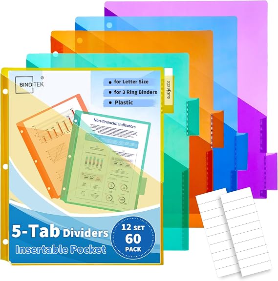 Binditek 5 Tab Plastic Binder Dividers with Pockets, 12Sets, 3-Ring Binders | 60-Pack Colorful Plastic Pocket Dividers fit Letter-Size Paper and 3-Ring Binders for school, office, or home organization.