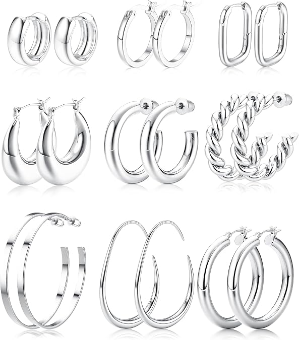ORAZIO Gold Plated Chunky Hoop Earrings Set for Womens Trendy Silver Dainty Huggie Stacks Lightweight Hoops Earring Tarnish Free Jewelry for Women