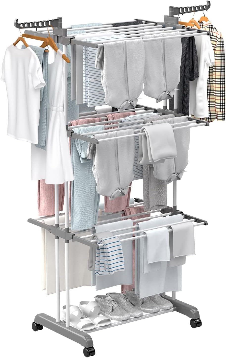 Winyousk [2023 Quality Upgrade Clothes Drying Rack, Movable 4-Tier Laundry Rack, Drying Rack Clothing with Casters Drying Clothes for IndoorOutdoor, 67H x 19W x 30L
