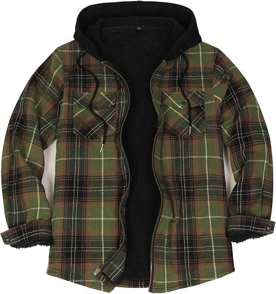 Lisskolo Men's Sherpa Flannel Jacket with Hood Plaid Zip Up Fleece Lined Hooded Shirt Jackets for Men