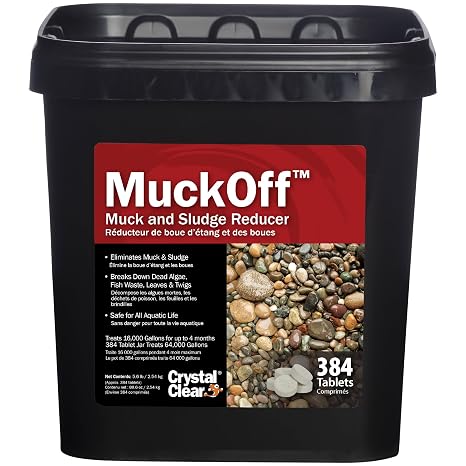 CrystalClear MuckOff Natural Pond Muck Treatment Sludge Remover 384 Tablets | Living beneficial bacteria clarifier with enzyme for water gardens, fountains & bird baths; fish, aquatic animal & pet safe