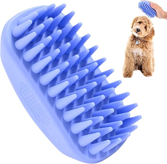 Bath Brush for Pet Grooming & Massage - Rubber Scrubbing Brush for Showers, Ideal for Long & Short Haired Dogs and Cats, Essential Puppy Accessory, Long Pins [We Love Doodles] | Best Dog Scrubber for Bath, Curry Brush For Puppy, Essential Pet Bathing Supplies, Shampoo Brush For Dogs & Cats, Short Pins