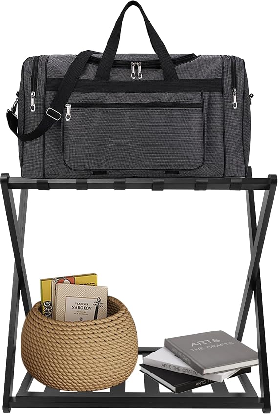 Bamboo Luggage Rack, 2 Pcs Folding Luggage Rack Suitcase Stand with Storage Shelf Heavy Duty Luggage Stand Holder for Guest Room Bedroom Hotel (Black)
